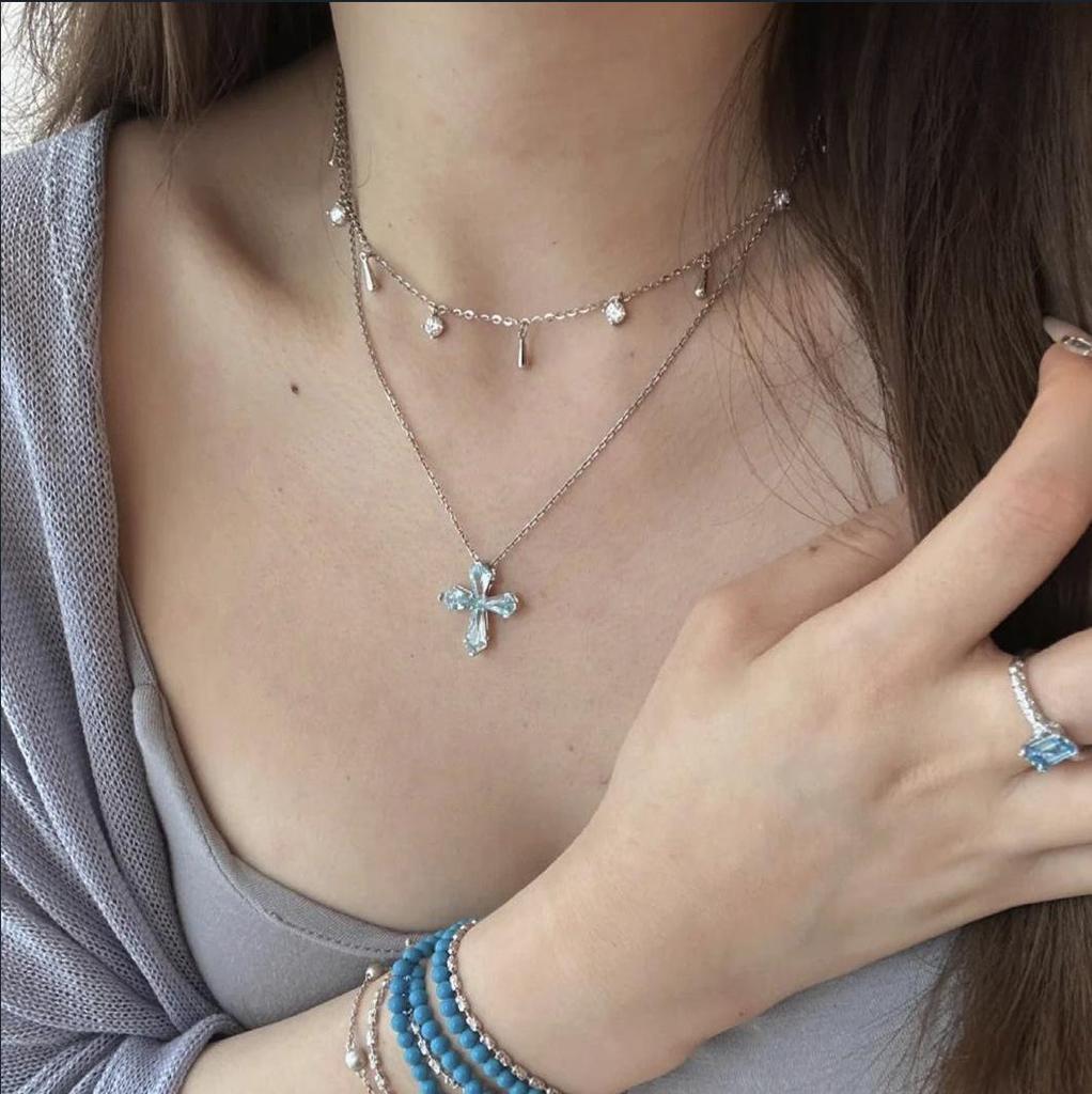 Exquisite Man-Made Aquamarine & Swiss Paraiba Diamond Cross Necklace for Women