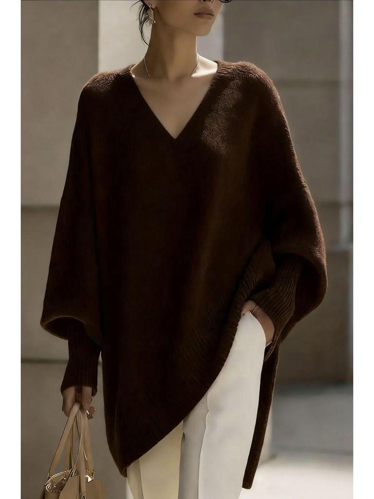 Women's European & American Autumn/Winter Round Neck Pullover Knitwear - Loose Fit, Solid Color Dress