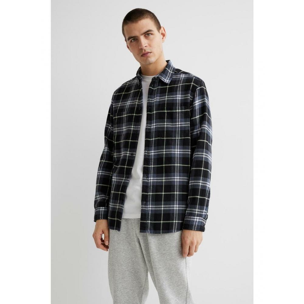 

H M Regular Fit Flannel Shirt Dark Gray Neon Green 0964269009