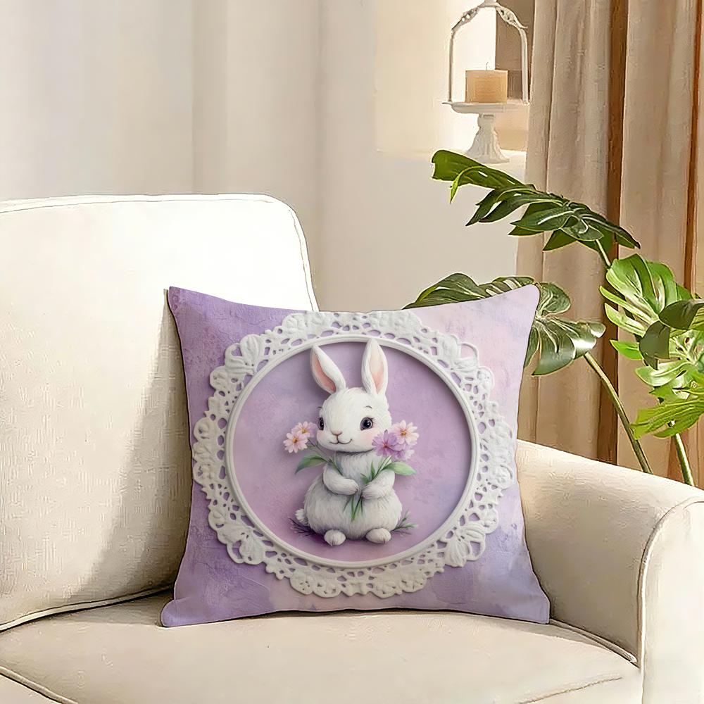 Cute rabbit holding flowers Cushion Cover Reversible Plush Pillow Cover Soft Fluffy Home Decor for Sofa Bedroom