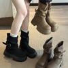 Thick Bottom Women Western Cowboy Boots Fashion Belt Buckle Autumn Winter Female Slip On Mid Calf Booties