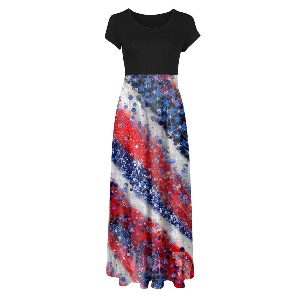 Sommerkleider für Damen 2023, modisch, lässig, Blumendruck, Rundhalsausschnitt, kurzärmelig, große Maxikleider