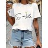 Camiseta de mujer 100% tela con estampado floral, cuello redondo, manga corta, corte en H, ajuste regular, estilo casual, festiva, lavable a máquina, prenda esencial para todo el año.