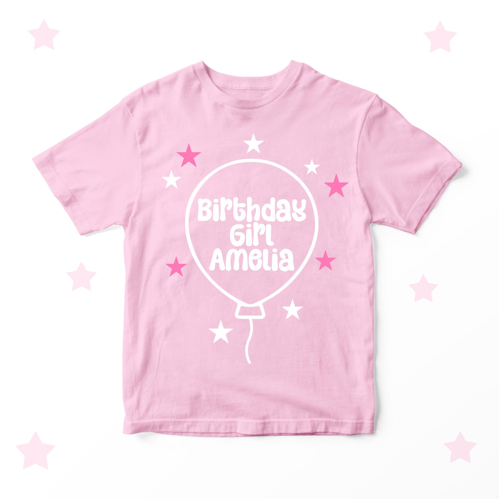 Personalised Birthday Girl T-shirt Pink Black Balloon and Stars Custom Name Design 100