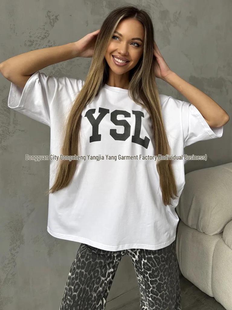 European & American Casual Letter Print Cotton T-Shirt