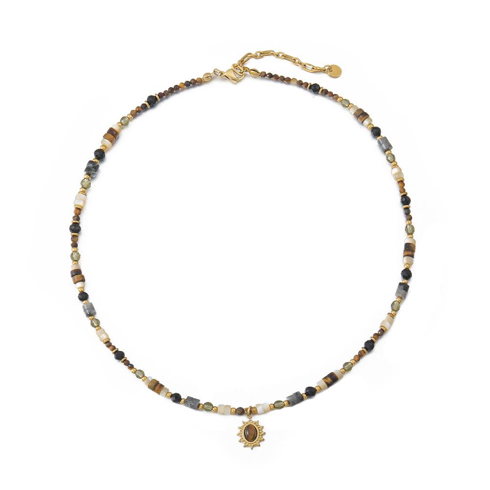 Old money wind tiger's eye stone necklace niche brown retro titanium steel beaded chain high-end shell handmade collarbone chain female
