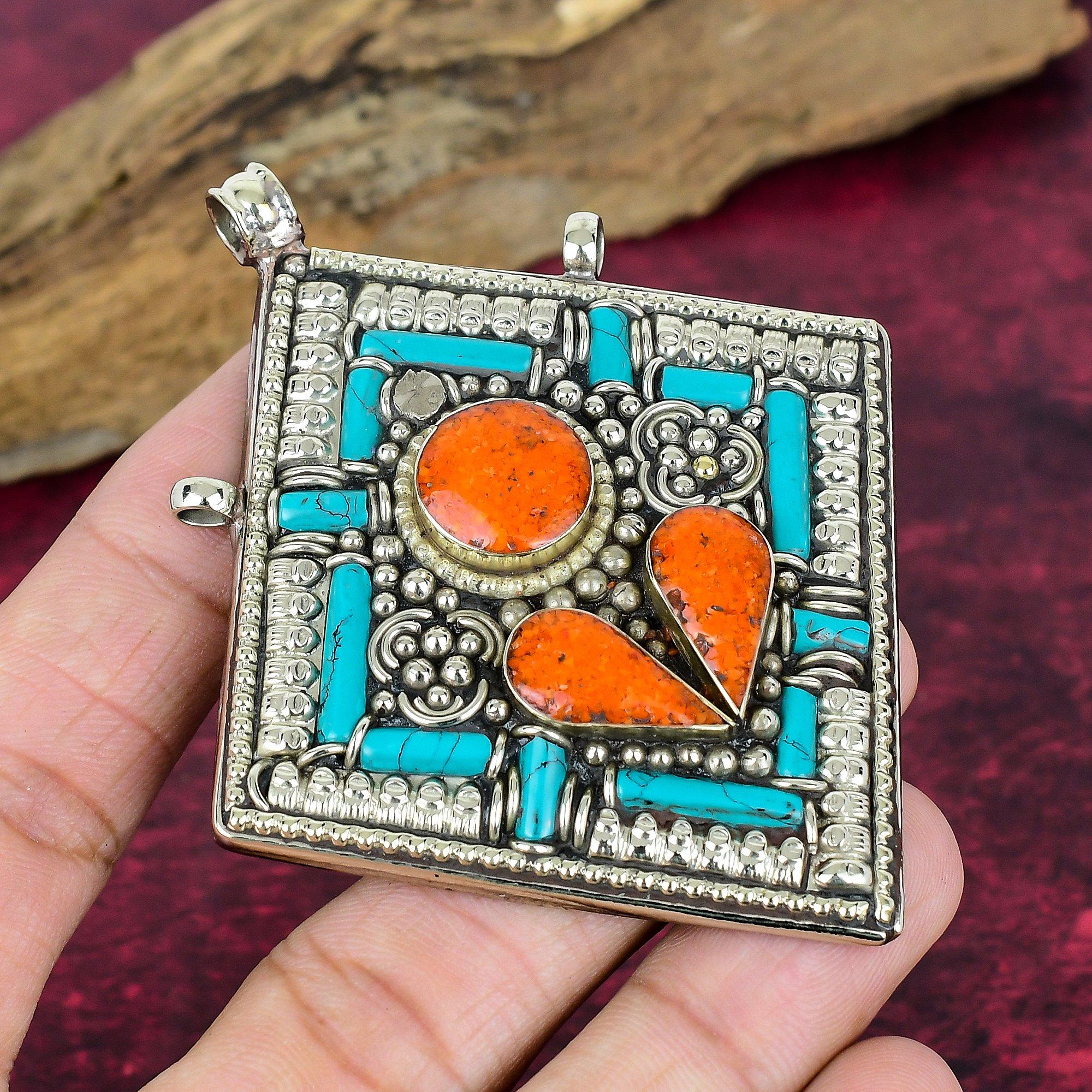 

Кулон из голубой бирюзы и коралла, Ювелирные изделия из стерлингового серебра 925 пробы, Кулон ручной работы в непальском стиле, На День благодарения