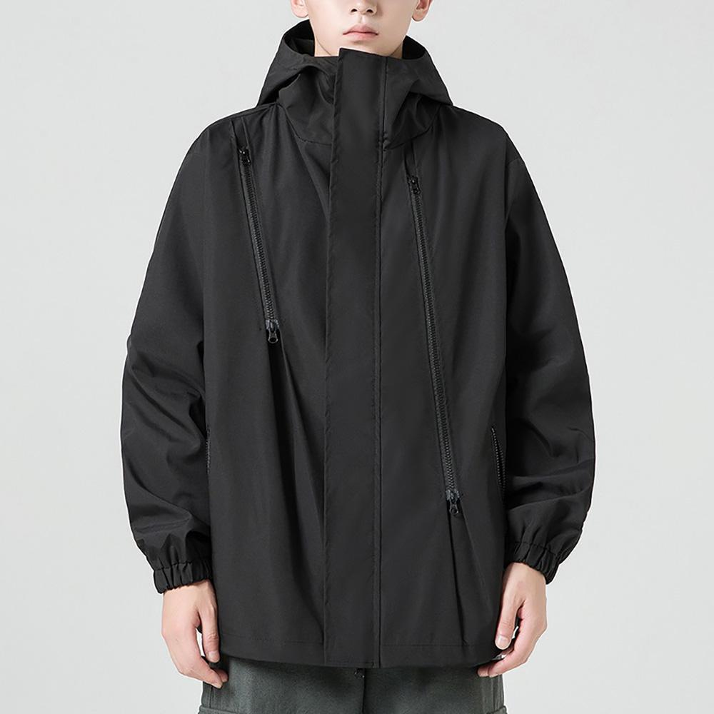 

Осень Новая Мужская Модная Куртка Дизайн на Молнии Уличная С Капюшоном Верхняя Одежда Ветрозащитная Однотонная Мужская Куртка Свободного Кроя XXXXXL чёрный