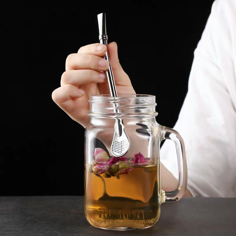 4Pcs Spoons Straws Yerba Mate Tea Bombilla Stainless Steel Straws Drinking Stirring Spoon Head Filter Straws for Cocktail Coffee