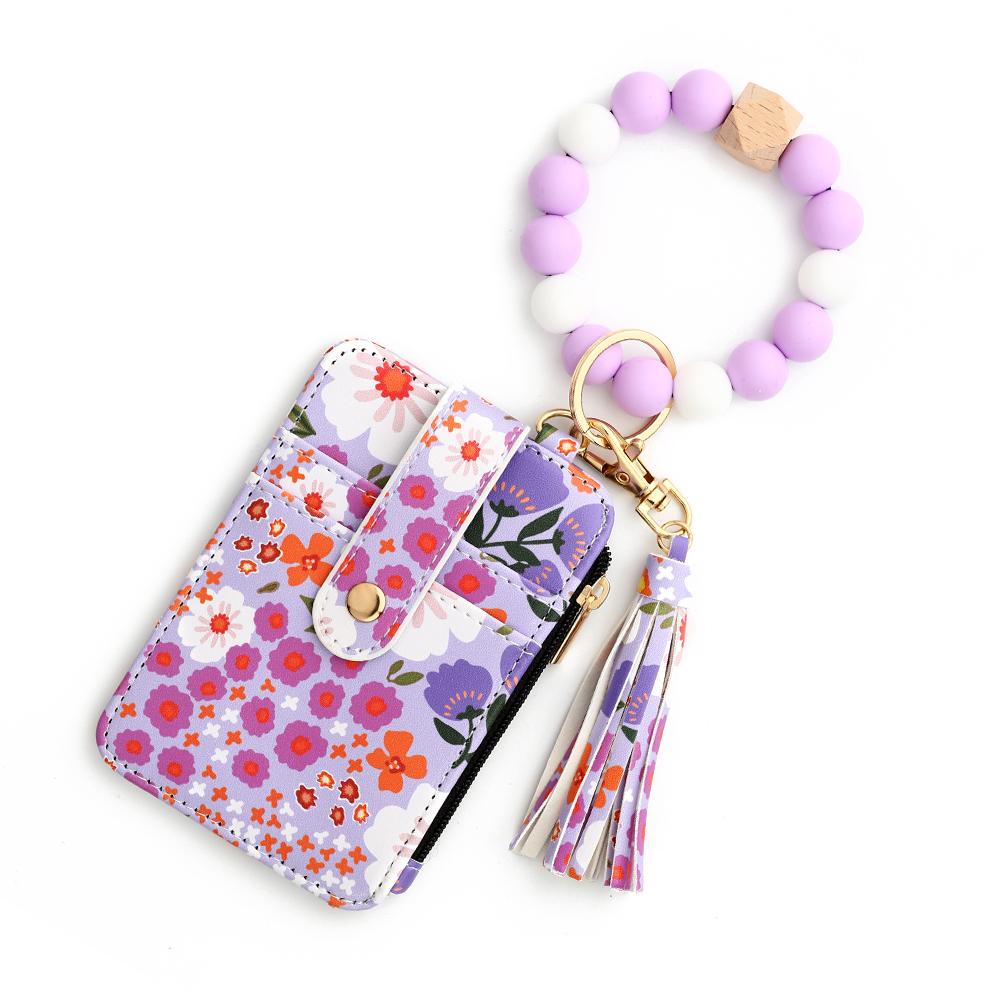 Silicone Bead Bracelet & Leather Card Holder Set - Business Gift Pack with  Keychain & Printed ID Bag
