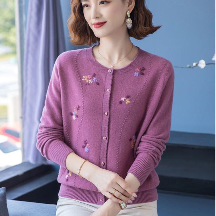 Autumn Winter Women's Wool Cardigan Round Neck Embroidered Knitted Jacket Cardigan Top