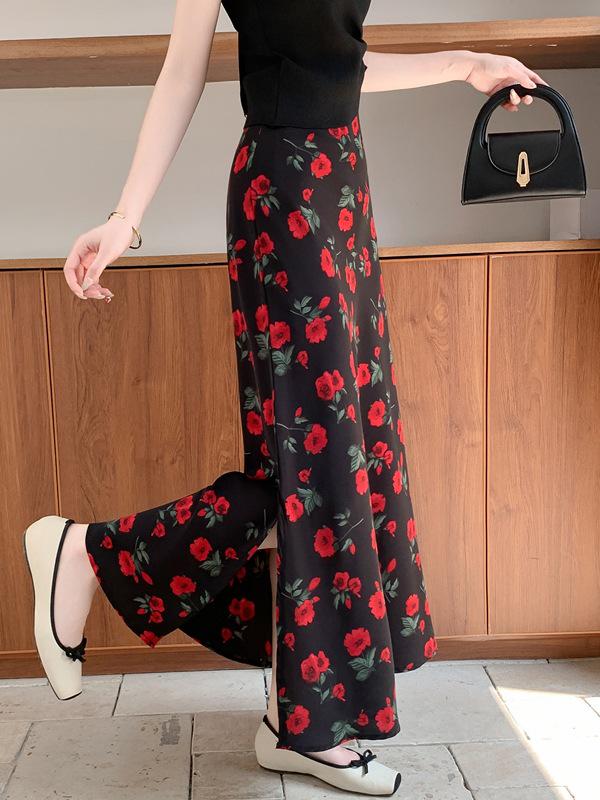 French Retro Print Chiffon A-Line Midi Skirt with Slit - Seaside Vacation Style