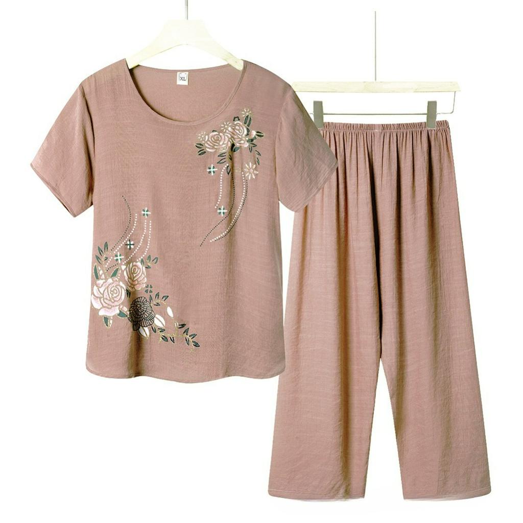Pajamas Summer Short-sleeved Breathable T-shirt Suit Spring and Autumn Large Size Cotton and Linen Printed Home Service