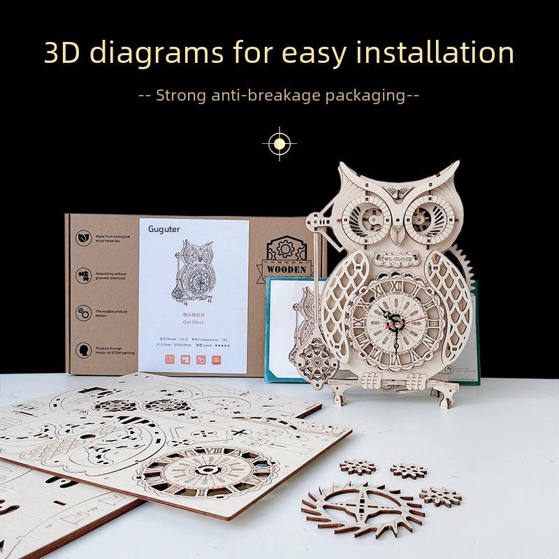 Creative 3D Wooden Owl Clock Puzzle: Challenging Retro Pendulum Model