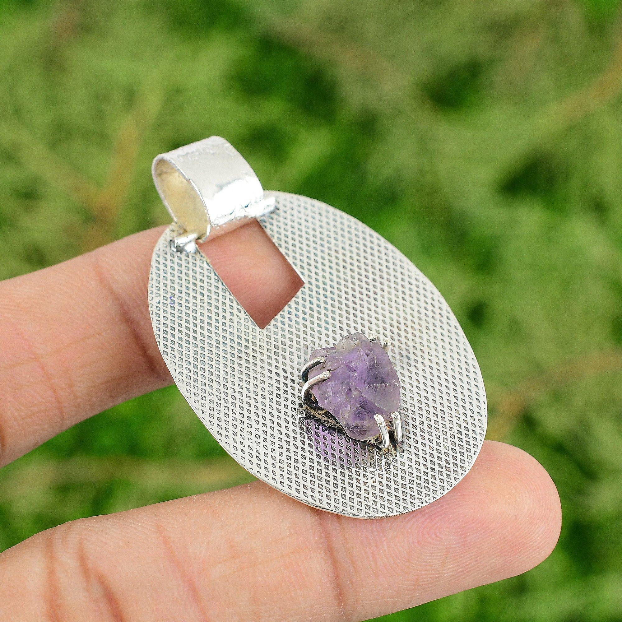 

925 Sterling Silver African Amethyst Rough Stone Engagement New Pendant Jewelry