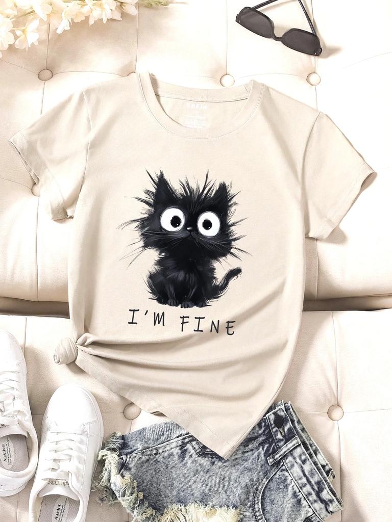 2025 New Cute Cat Print Short Unisex T-shirt for Women Casual Round Neck T-shirts