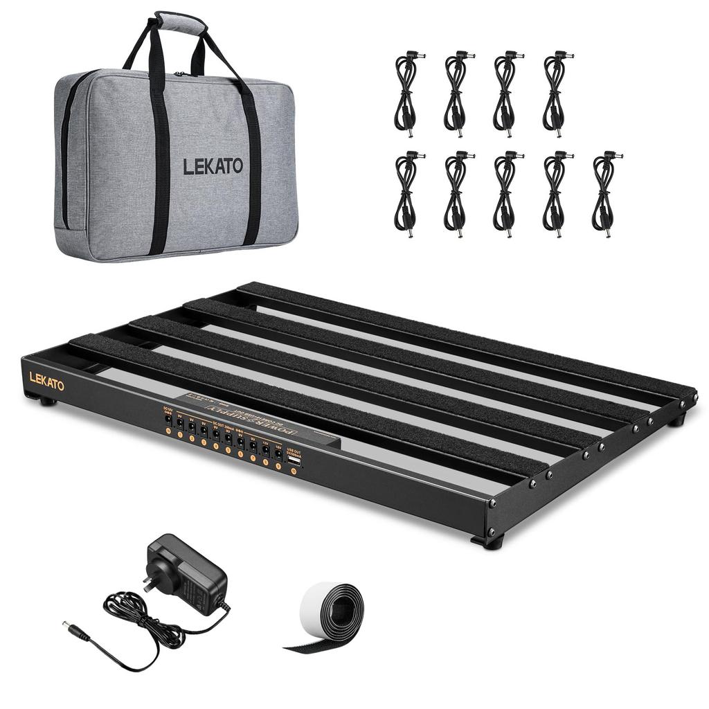 LEKATO Guitar Pedal Aluminum Alloy Pedal Board Bag with Pedal Adhesive Hook Side Tape Board, Self-Powered, 19x12.2x1.8 Inches, 2.97 Lbs, Cables,