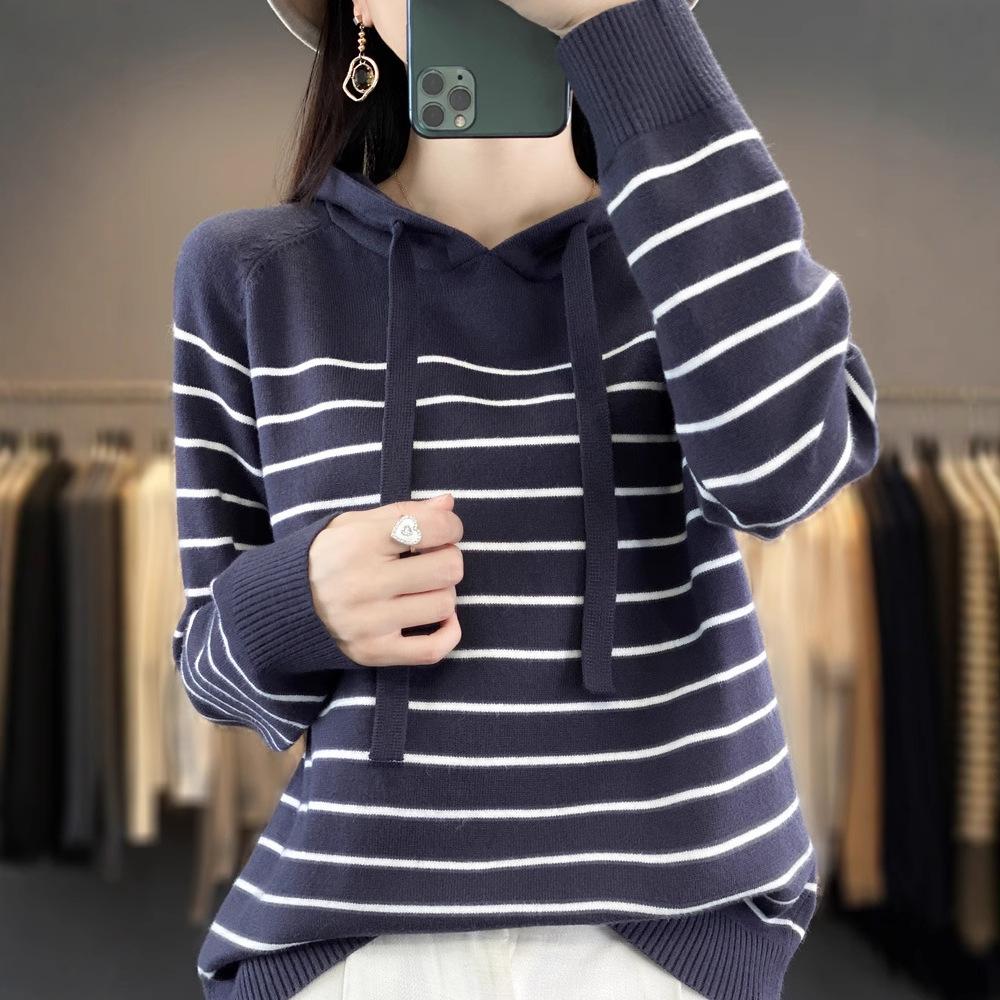 DAFIFY Women's Fashion Casual Fall Winter Stripe Print Long Sleeve Hooded Sweaters