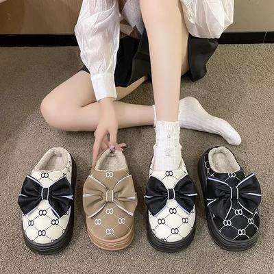 Fashion Korean Warm Plush Bowknot Slippers for Women's Winter New Indoor Cute Anti-skid Thick Sole Cotton Slippers Home Cotton Shoes88