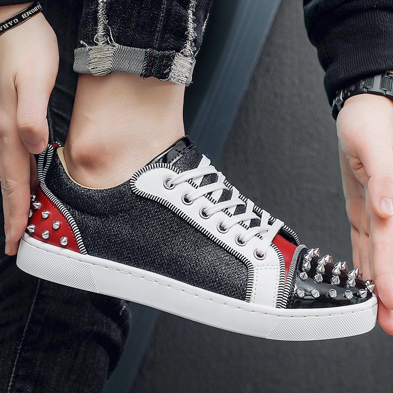 Mode Leder Canvas Atmungsaktiv Höhenvergrößernd Flache Plateau Weiße Schuhe Sneaker Lässig Herren Designer Nieten Punk Board Schuhe