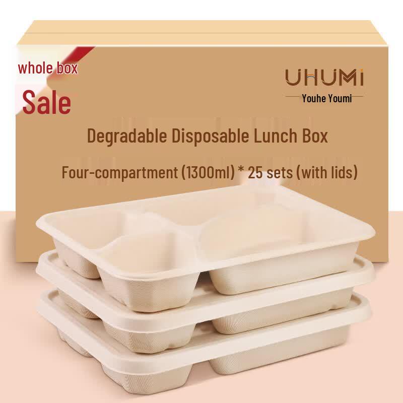 Eco-Friendly 1300ml 4-Compartment Disposable Meal Boxes with Lids, 25 Sets
