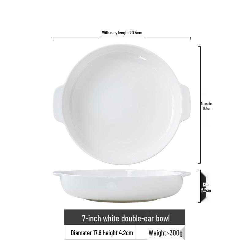 Double-Handle White Bone China Deep Plate - Anti-Scald Ceramic Bowl for Soup & Vegetables
