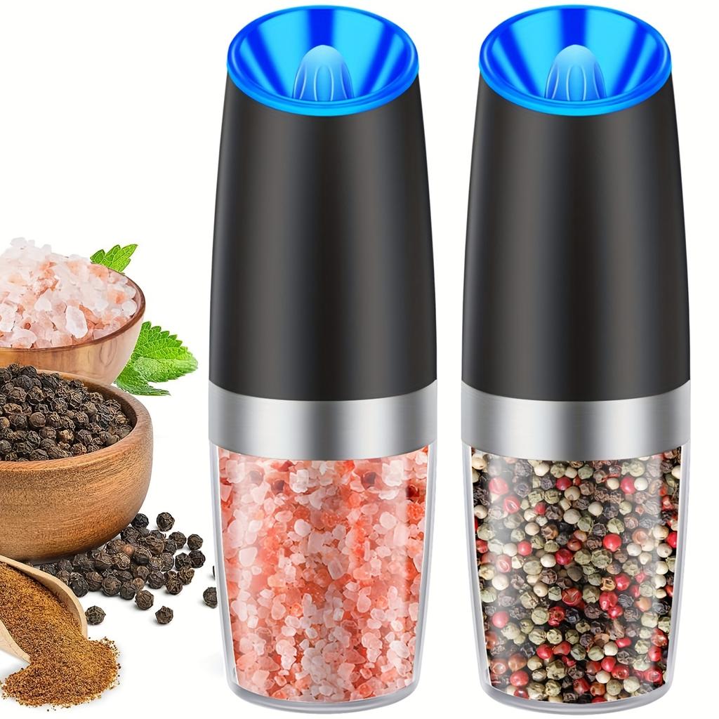 Set Râșnițe Electrice cu Gravitație pentru Sare și Piper, Alimentate cu Baterii, Lumină LED, Operare Automată cu o Singură Mână