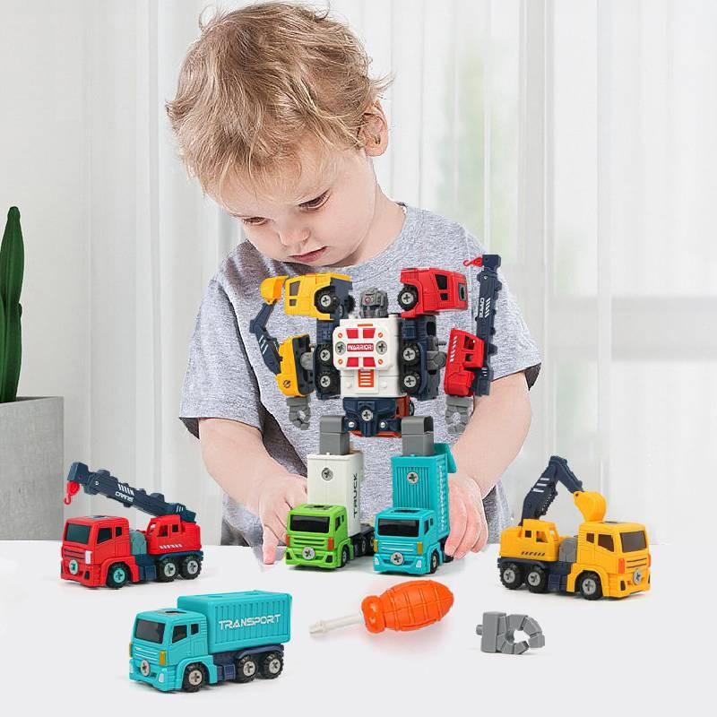 Diy Detachable Engineering Vehicle Toy Set For Boys With Five Colorful Transforming Robots