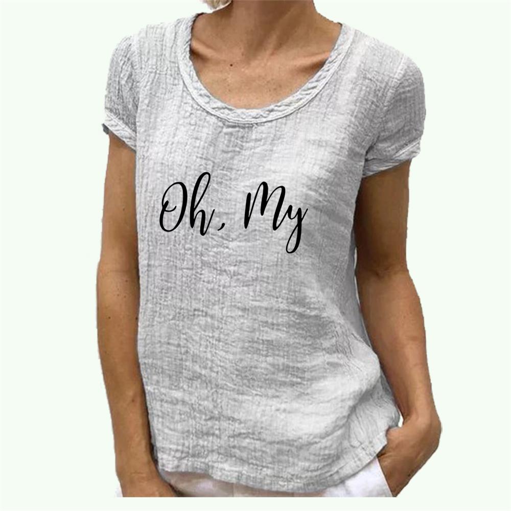 Women Fashion Cotton Linen T-shirt Round Collar Short Sleeve Top Spring&summer Print Blouse