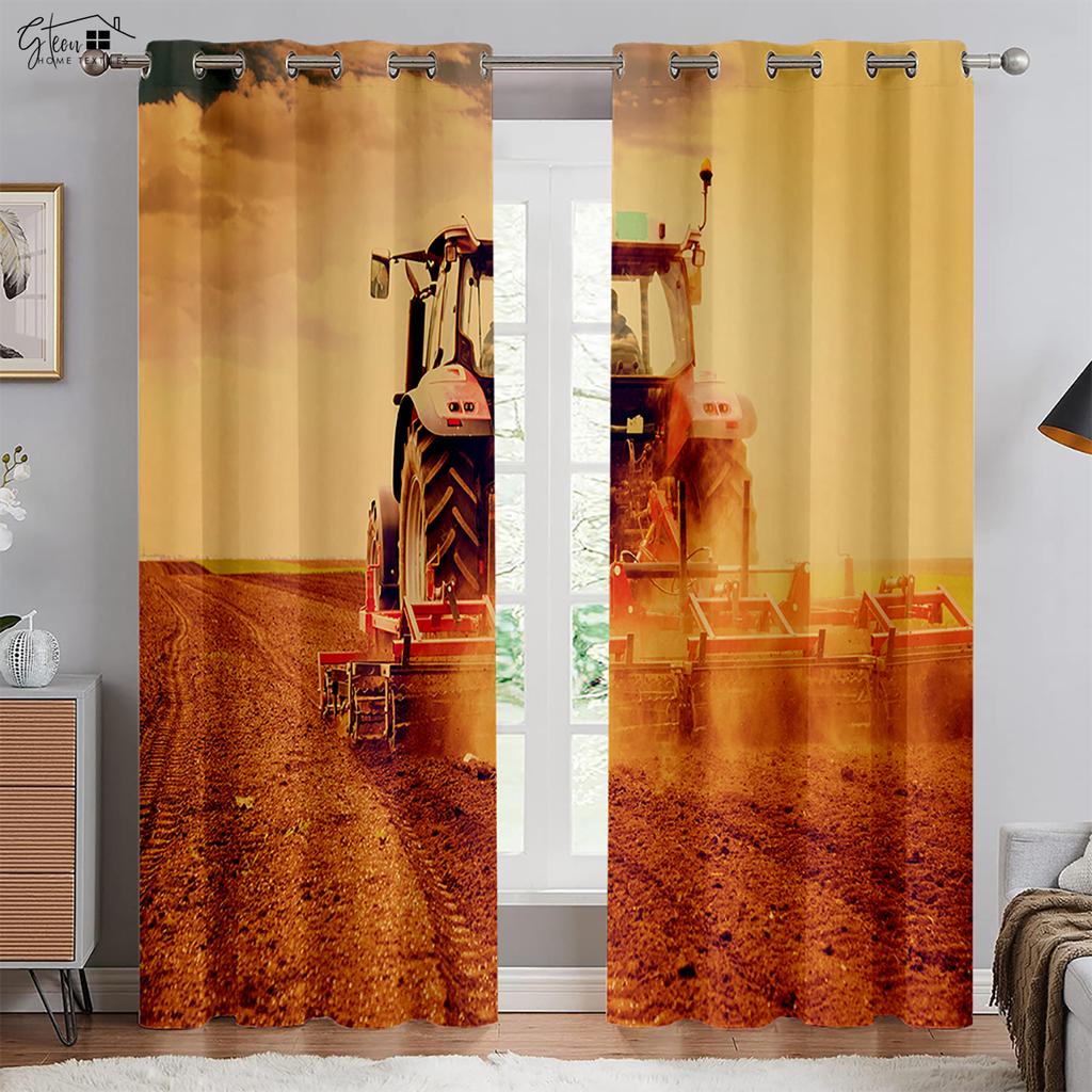 Tractor Farm 3D Printed Curtains Industrial Style Polyester Fiber Curtains Living Room Bedroom Kitchen Decorative Curtains 2PCS