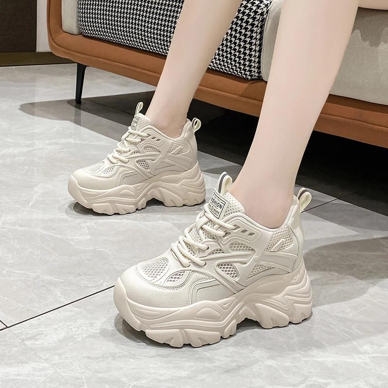 Fashion Spring Breathable Mesh Sneakers Hidden Increasing Sport Shoes Woman Wedge Casual Chunky Shoes High Platform Shoes 8.5CM Autumn