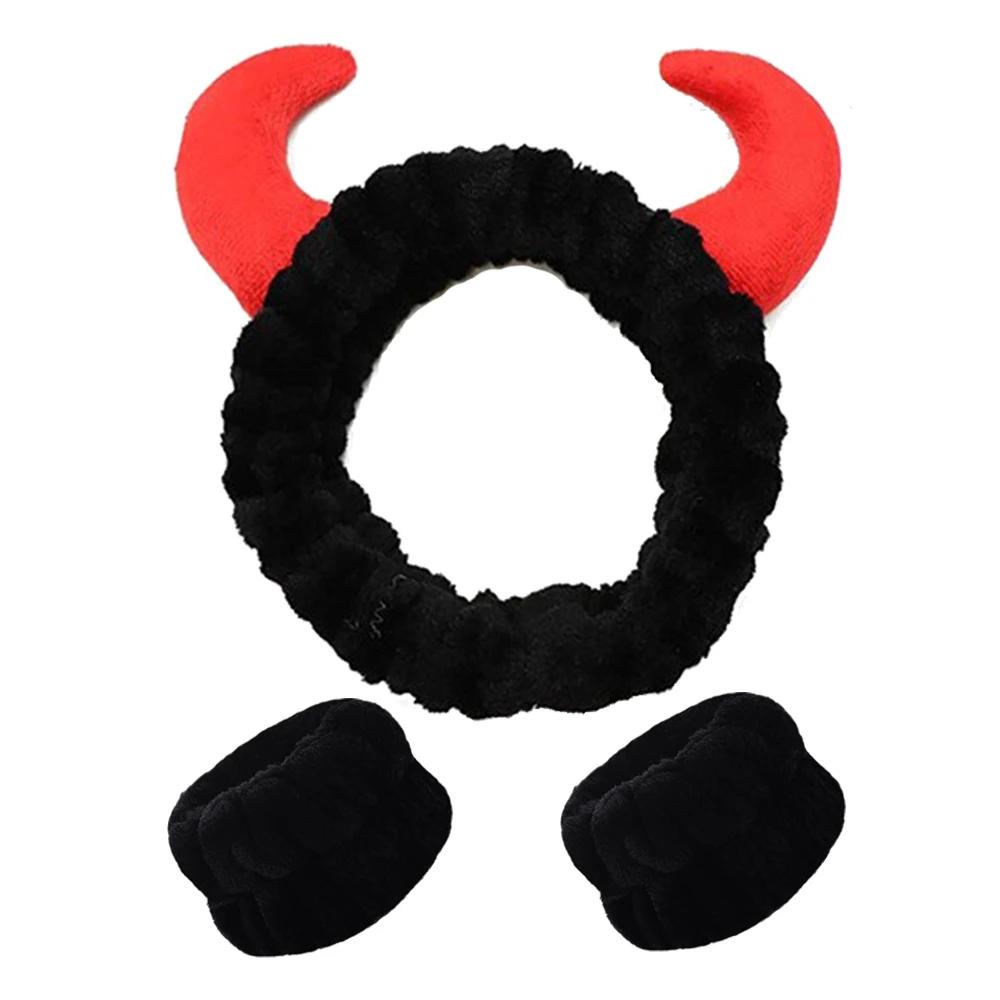 

Halloween Devil Horn Plush Bull Horn ,Demon Design Headband And Wristbands Set, Makeup Spa Face Wash Hair Strap Accessories чёрный