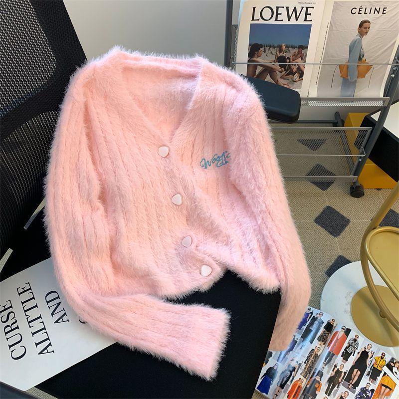 Dámský podzimní růžový kardigan s výstřihem do V - Měkký, sladký, omlazující vyšívaný pletený svetr