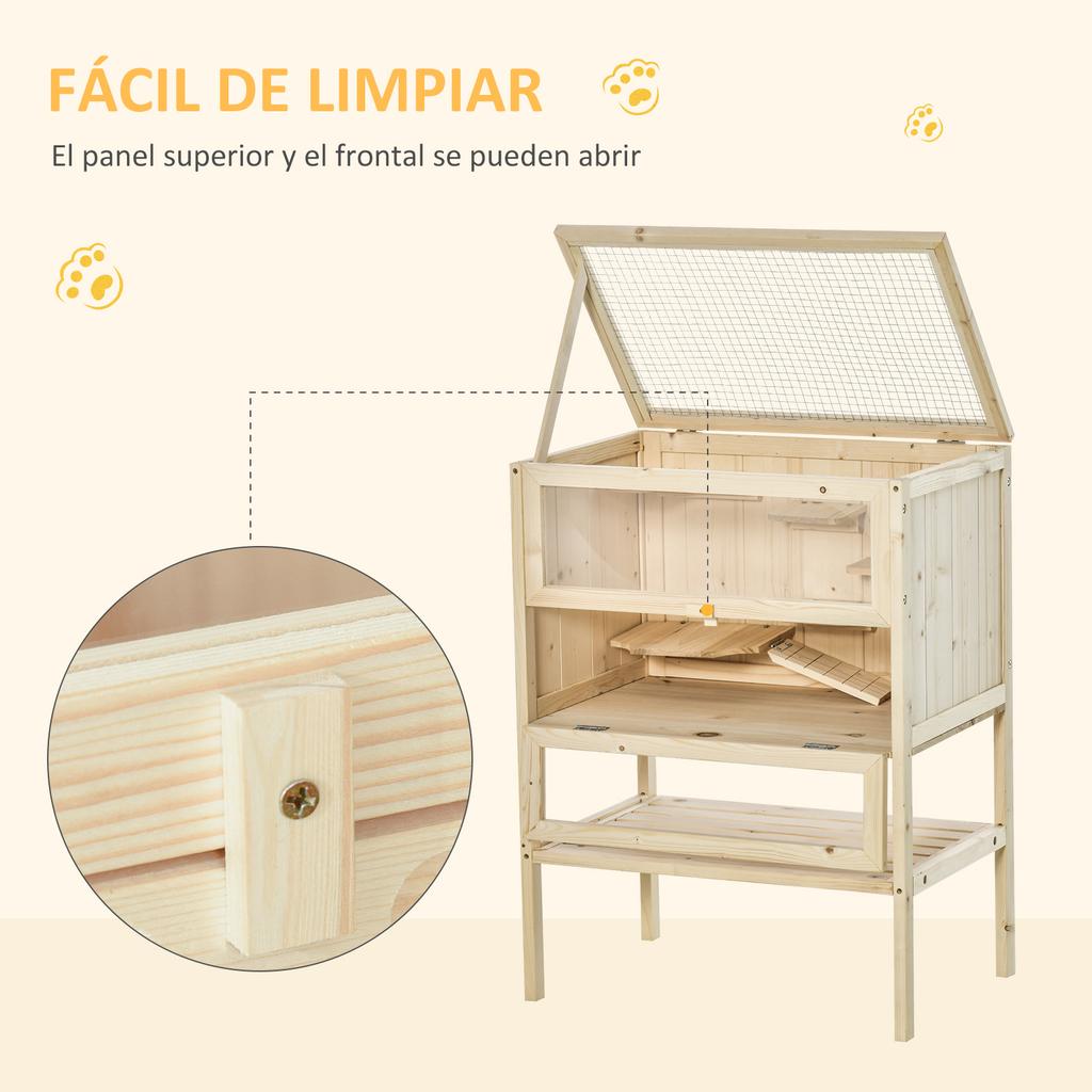Wooden Cage for Hamsters and Mice, Play House with 5 Platforms, Ramp, Hinged Roof, Glass Window, Plastic and Bottom Shelf, 60x40x80 Cm, Natural