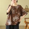 Cotton and Linen Plus Size Women's Printed T-shirt Summer Short-sleeved Ethnic Sleeves Show Retro Mother Loose Floral Top