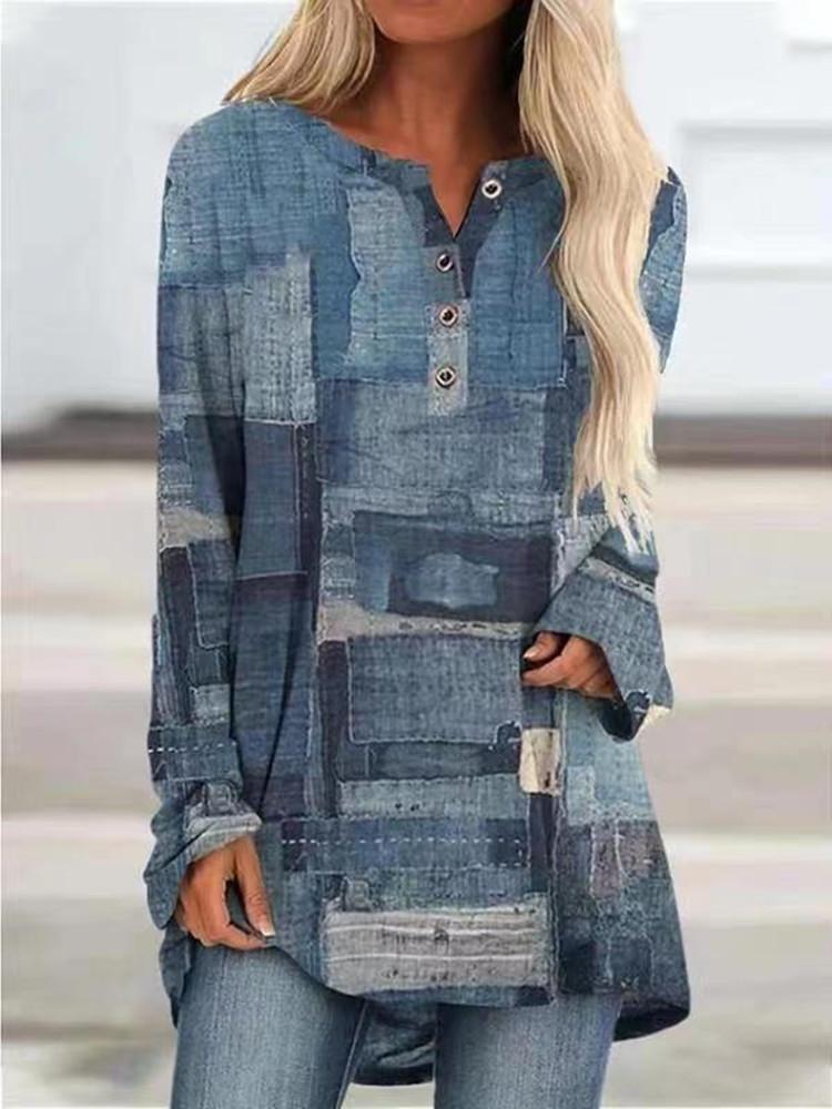 Women's Fashion Casual European American Style Digital Printed Loose Large Size Long Sleeve T-Shirt