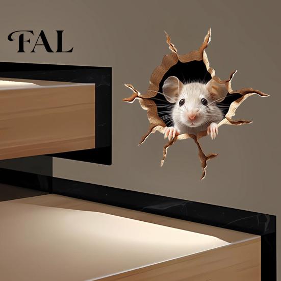 Funny Animal Wall Art Peeking Mouse Sticker, 3D Broken Hole Effect Decals, Glass Realistic Breaking Window Stickers, Removable PVC for Bedroom Living