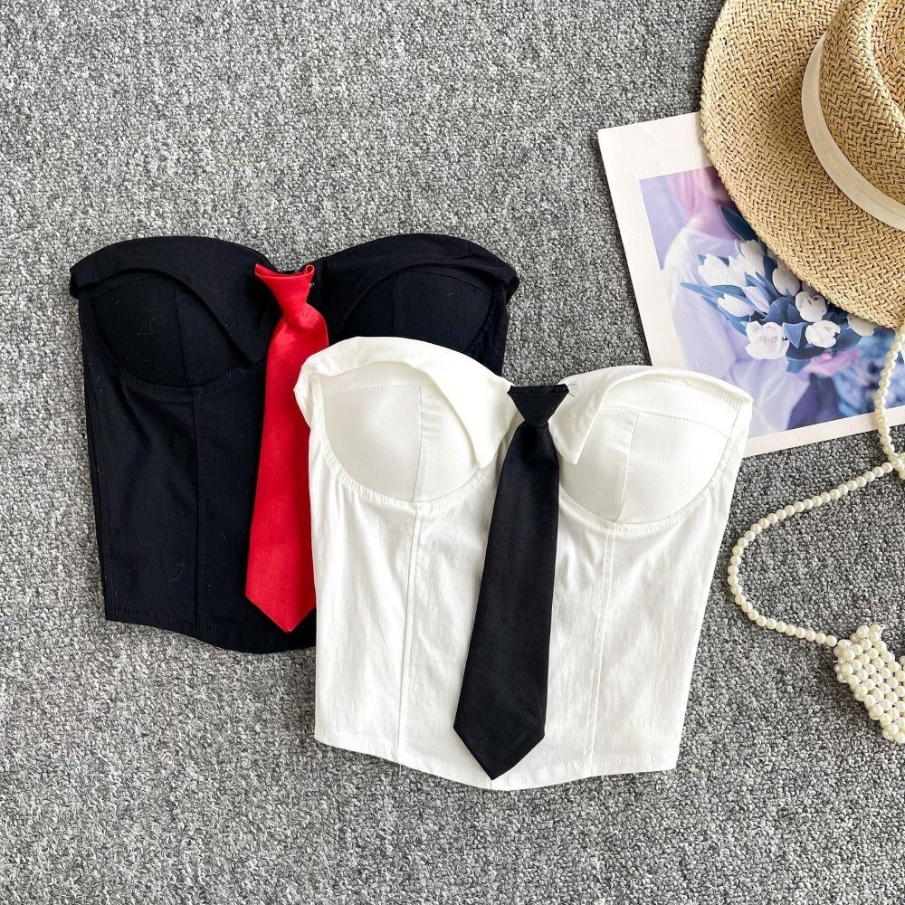 Necktie Women Corset Sleeveless Crop Tube Tops Spicy Girl Style Strapless Sliming Vest  Travel