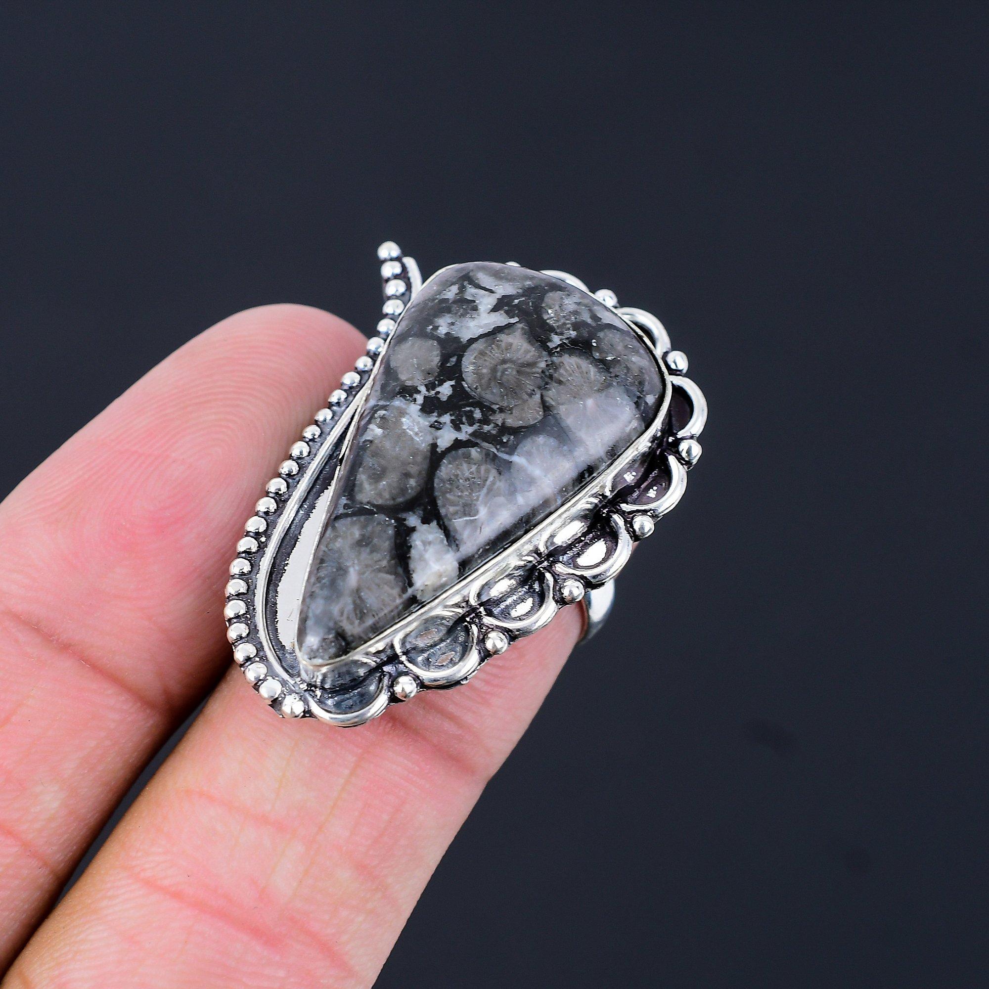 Daughters Day Deal Black Fossil Coral Gemstone Solitaire Ring 925 Silver US 6.5 6.5