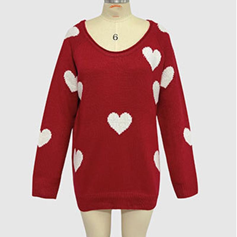 Ladies Autumn Winter Long Sleeve V Neck Pullover Love Heart Loose Knitted Sweater Knitwear Top