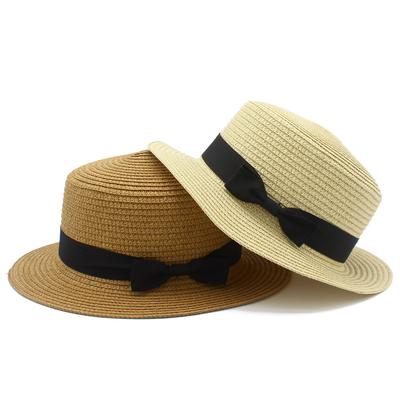 Hat Women's Summer Sunscreen Sunshade Straw Hat British Retro European and American Bow Flat Top Top Top Top Hat Seaside Beach Hat