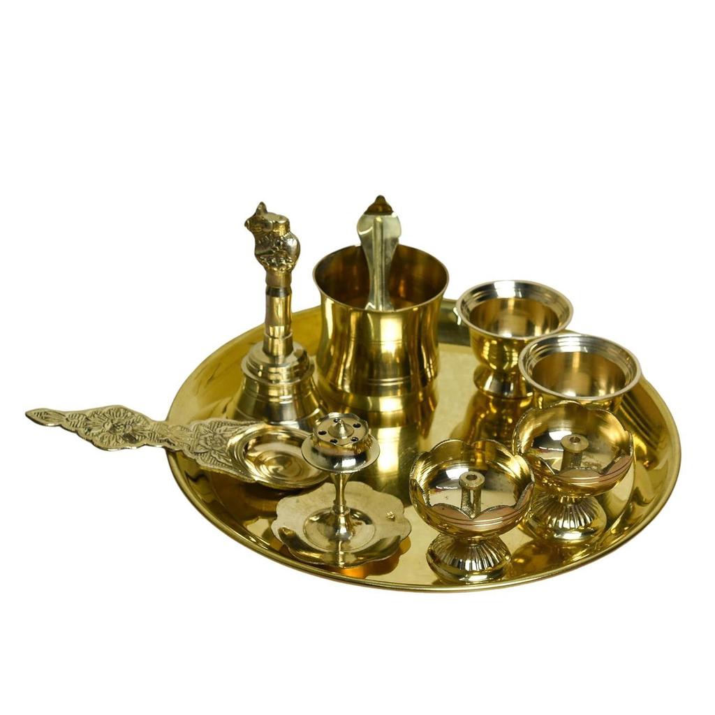 8-Inch Plain Brass Pooja Thali Set with Diyas, Kumkum Bowls, Agarbatti Stand & Accessories