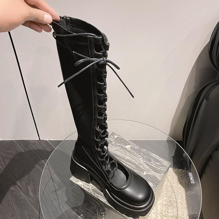 Fashion Comemore Summer Women High Boots Fashion Lace Up Platform Heel Shoes Ladies Elegant Women's Black Hollow Out Cool Knight Botas