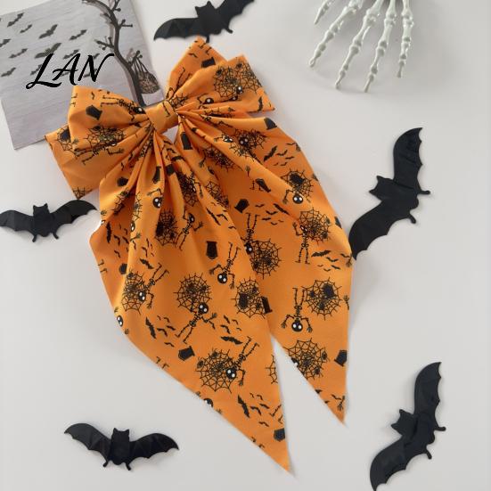 Bow Hairpin for Halloween Spring Hair Clips Women, Pumpkin Skeleton Ghost Hand Printed Festive Accessory Fabric Barrettes, Cute Horror Accessories