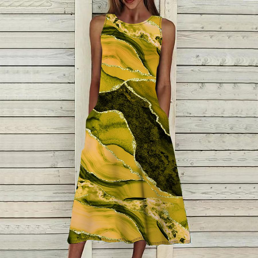 

Летнее модное сексуальное платье без рукавов, мягкое повседневное платье с 3D мраморным принтом, платье на бретельках без рукавов, летнее платье на подтяжках 6XL жёлтый