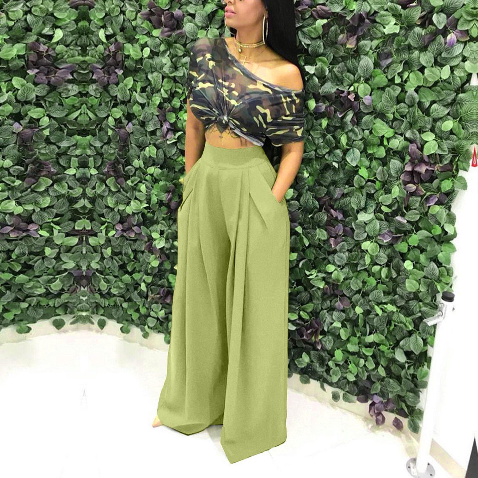 Summer Women Fashion Plus Size High Waist Flared Wide Leg Pocket Casual Pants S