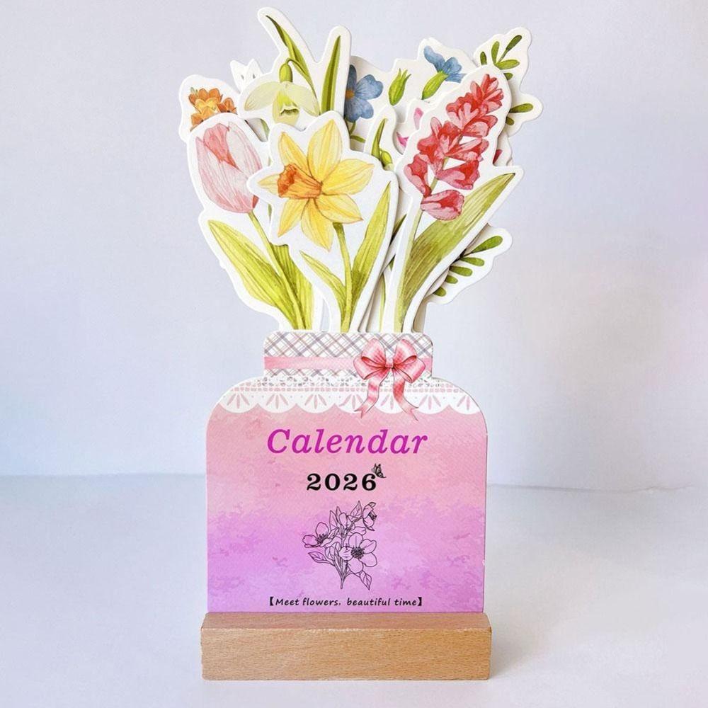

Wooden Base Bloomy Flowers Desk Calendar Detachable Base Monthly Planner for New Year G-Pink4