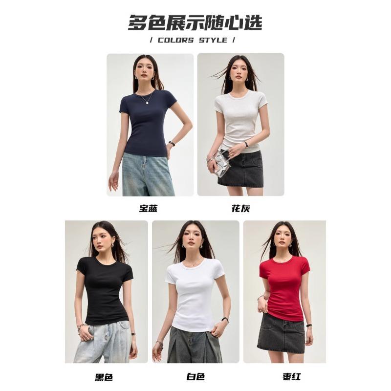 Front Shoulder Short-sleeved Shirt Women's Spring and Summer New Solid Color Versatile Simple Round Neck Slim-fitting Inner Top