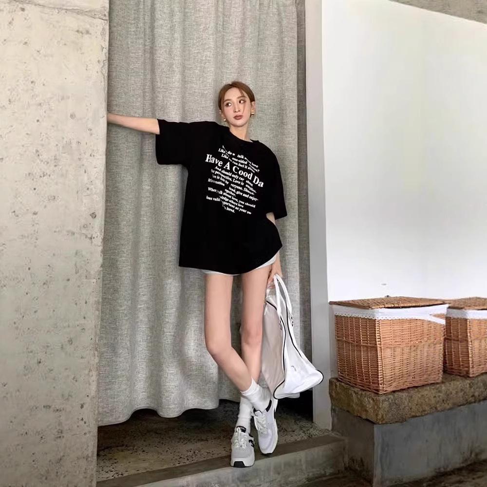 Fat MM black letters lazy slack short sleeve large version long t-shirt women's summer new loose large size top white