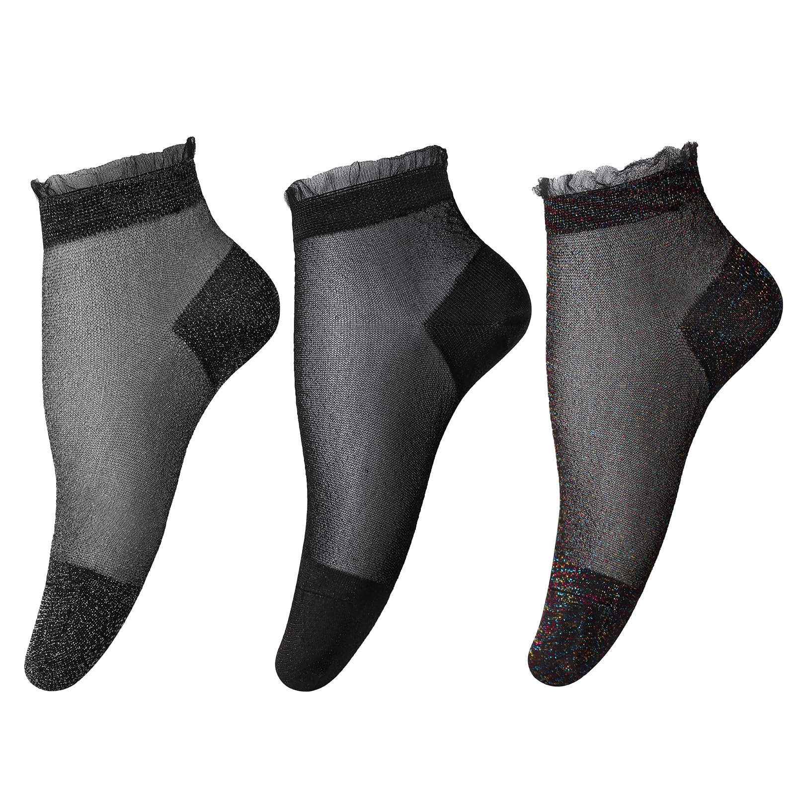 

[LittleForBig] Women s Glitter Socks [Shining Lace] Socks and Anklet 3-Piece Set Available in Black, Silver, and Seven Colors